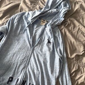PINK Victoria's Secret Heather Light Blue Zip Hoodie with Dog Logo